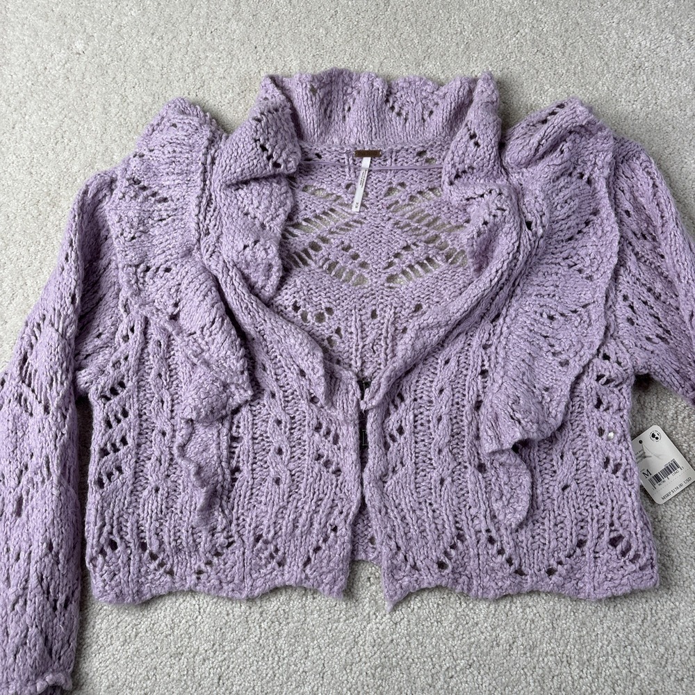 Free People Avery Crop Cardigan Orchid Dust Women's Medium Crochet Purple NWT - Picture 3 of 16